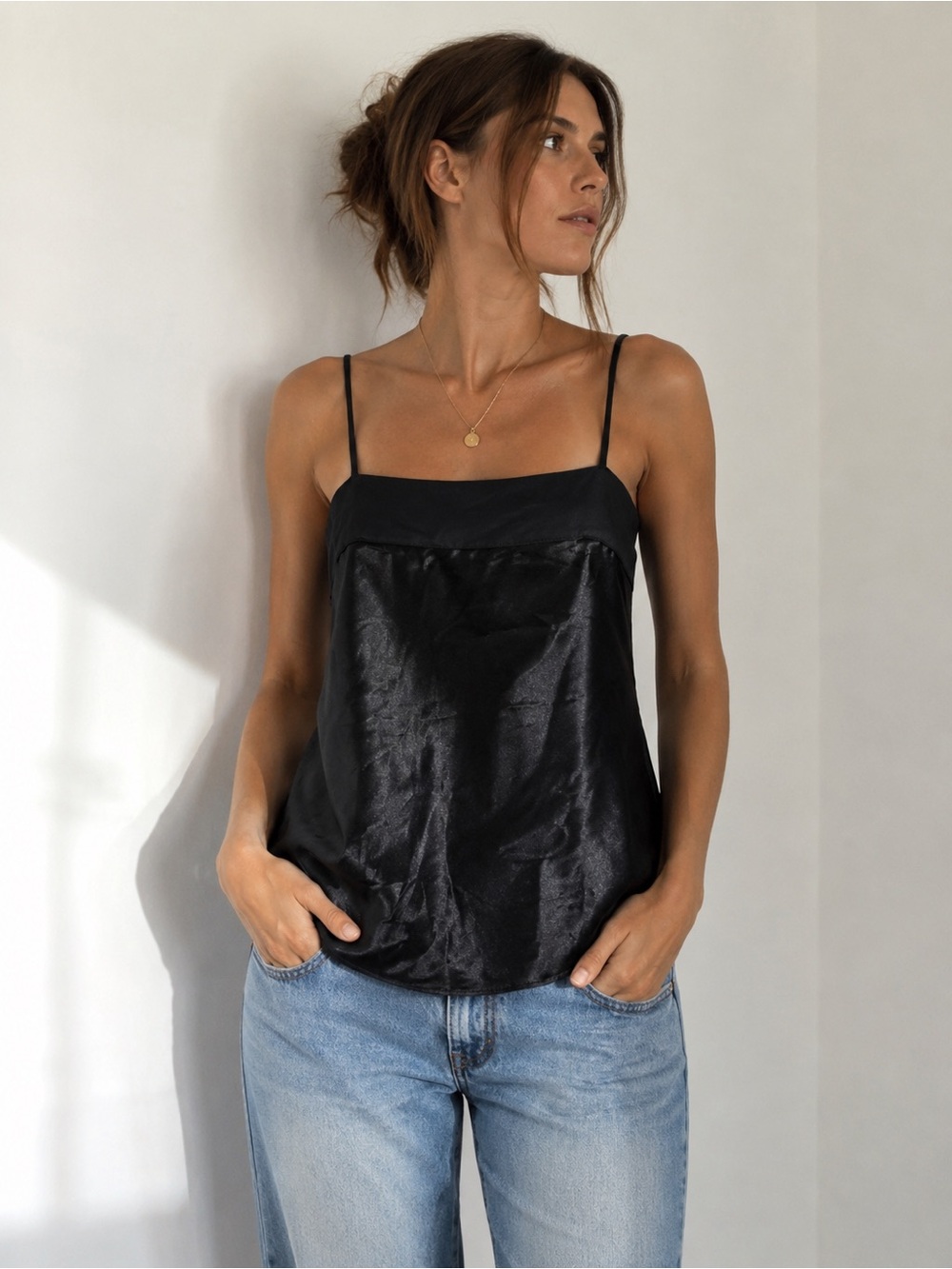Vintage 1989 Calvin Klein Black Satin Cami Tank Top Made USA Small Minimalist